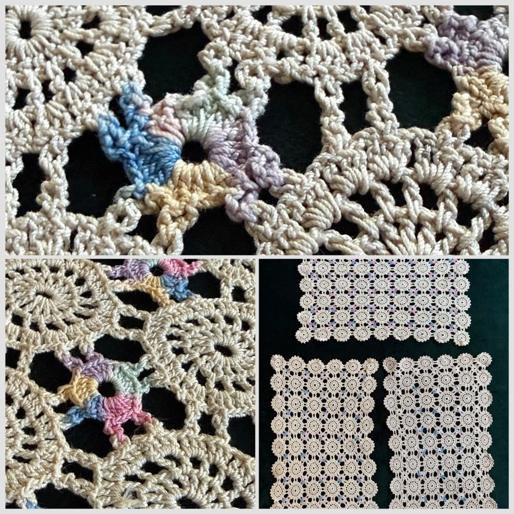 Vintage Handmade Crochet Doily Set Cream Pastel Floral Lace Table Linens 3pc